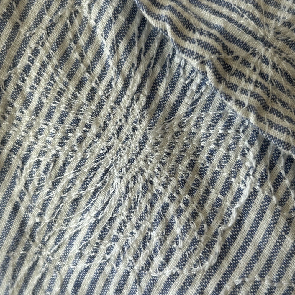 FLAX Blouse Striped Gray Blue Button-Up Linen Top Embroidered Floral Size M - Picture 4 of 9